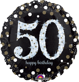 50TH BIRTHDAY 18" MYLAR BALLOON   BLACK, SILVER, WHITE AND GOLD