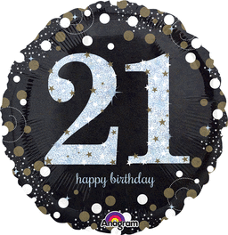 21ST BIRTHDAY 18" MYLAR BALLOON   BLACK, SILVER, WHITE AND GOLD