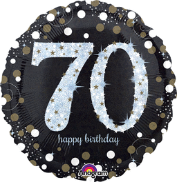 70TH BIRTHDAY 18" MYLAR BALLOON   BLACK, SILVER, WHITE AND GOLD