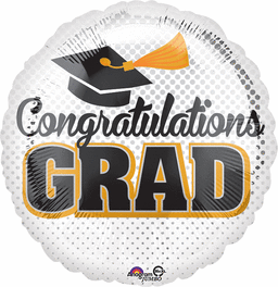 CONGRATULATIONS GRAD 18" MYLAR WHITE, BLACK, SILVER AND GOLD