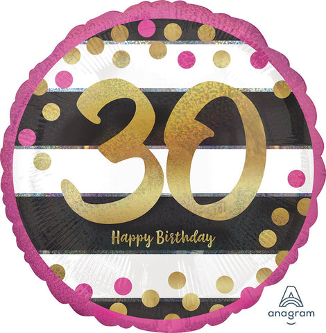 30TH BIRTHDAY MYLAR BALLOONS  PINK, BLACK AND WHITE WITH GOLD SCRIPT