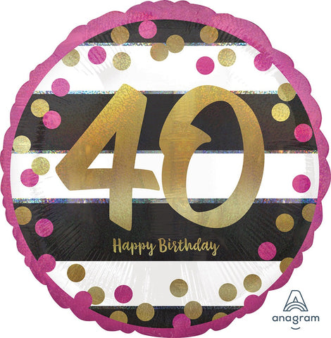 40TH BIRTHDAY MYLAR BALLOONS  PINK, BLACK AND WHITE WITH GOLD SCRIPT