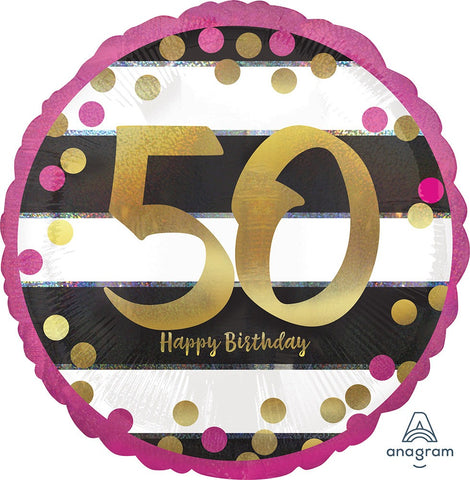 50TH BIRTHDAY MYLAR BALLOONS  PINK, BLACK AND WHITE WITH GOLD SCRIPT