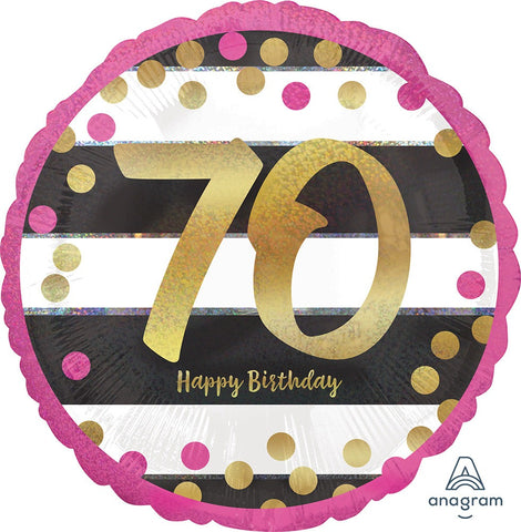 70TH BIRTHDAY MYLAR BALLOONS  PINK, BLACK AND WHITE WITH GOLD SCRIPT