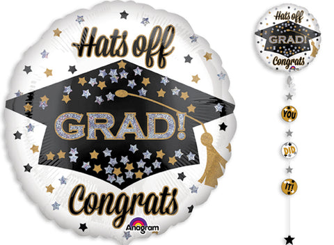 HATS OFF GRAD CONGRATS 90" MYLAR WITH RIBBON AND WEIGHT