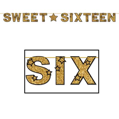 Sweet Sixteen Gold Glittered Streamer