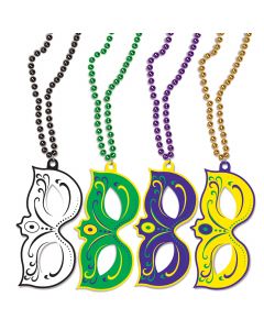 4 PACK MARDI GRAS MASKS ON BEADED NECKLACES