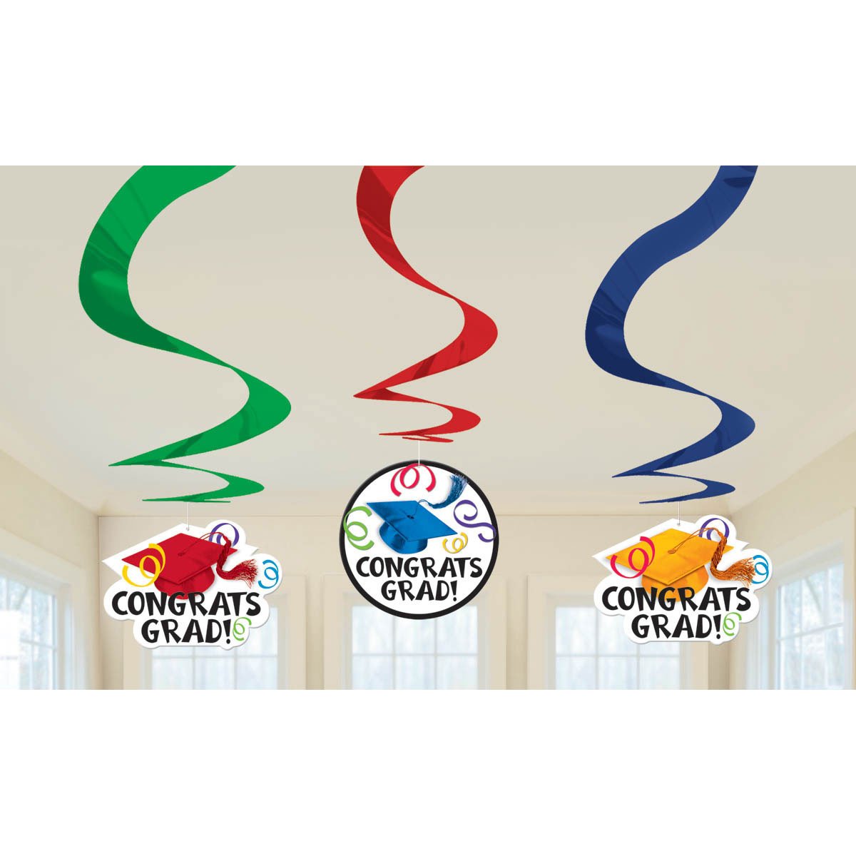 CONGRATS GRAD SWIRL DECORATIONS, 3 PACK