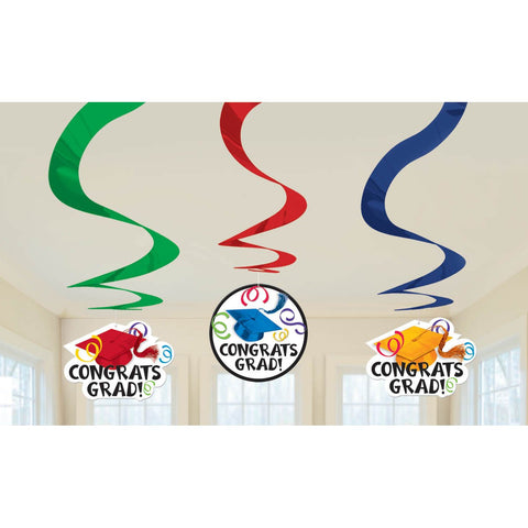 CONGRATS GRAD SWIRL DECORATIONS, 3 PACK