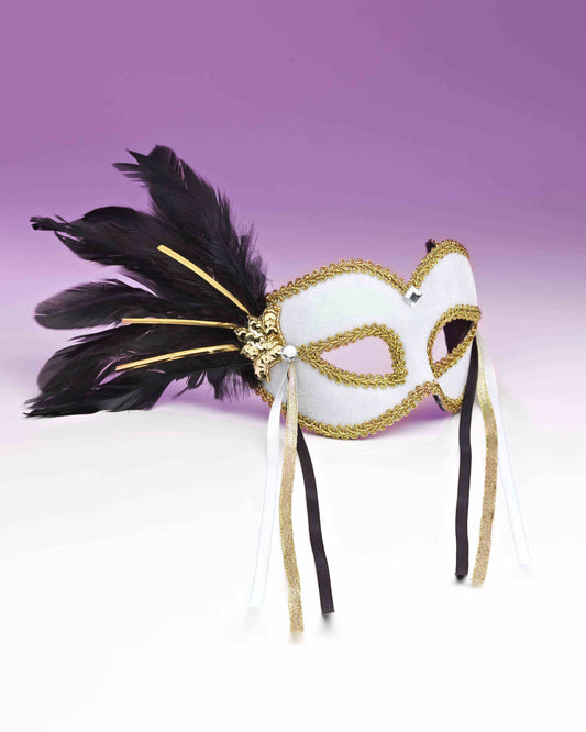 Mardi Gras Mask - White with Gold Trim and Feathers