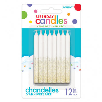 WHITE AND GOLD GLITTER CANDLES 12CT