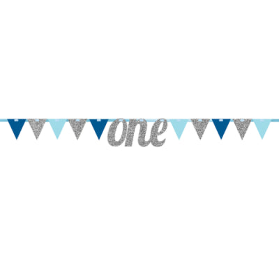 SILVER ONE GLITTER BIRTHDAY BANNER WITH PENNANTS 9'