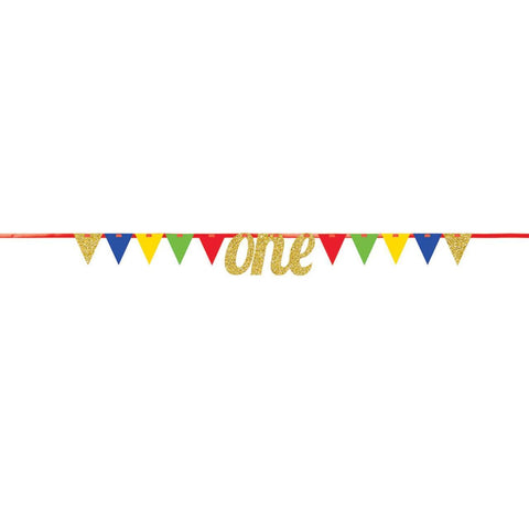 ONE GOLD GLITTER BIRTHDAY BANNER WITH PENNANTS  9'