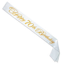 HAPPY 70TH BIRTHDAY GLITTER SASH - WHITE WITH GOLD LETTERING
