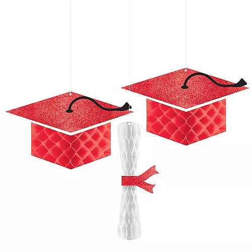 RED HONEYCOMB GRAD CAP/DIPLOMA HANGING DECORATIONS